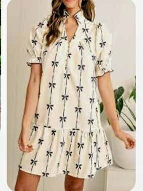 Cream Bow-Print Bubble Sleeve Babydoll Midi Dress